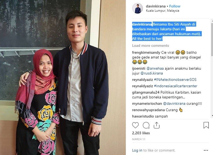 Caleg Partai Nasdem sekaligus putra Rusdi Kirana, Davin Kirana (kanan) berfoto dengan Siti Aisyah (kiri). [Instagram]