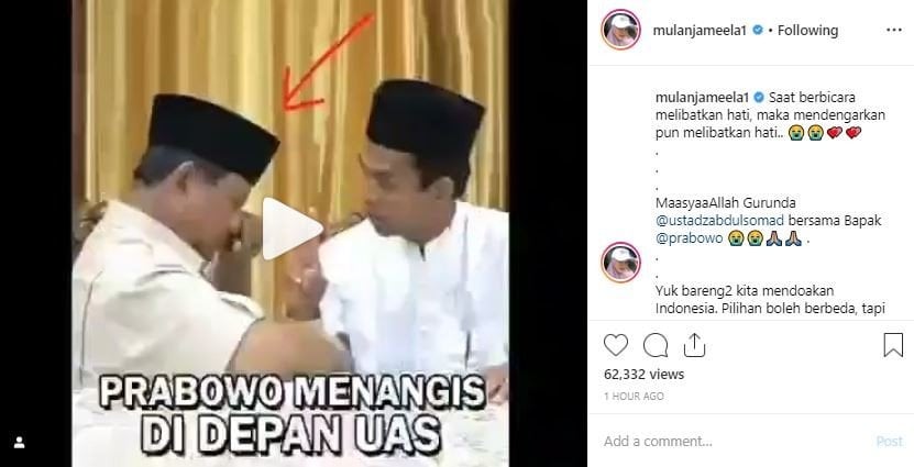 Mulan Jameela menangis melihat pertemuan Prabowo Subianto dan Ustaz Abdul Somad. [instagram/mulanjameela1]