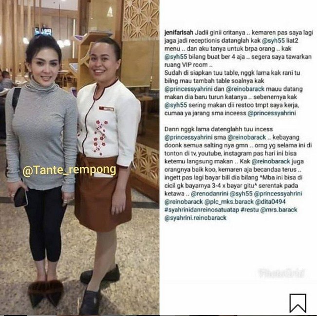 Syahrini bersama seorang pegawai restoran. [Instagram]