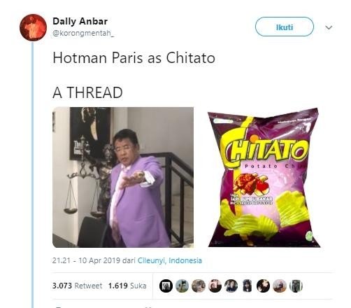 Baju Hotman Paris mirip bungkus Chitato. (Twitter/@korongmentah_)