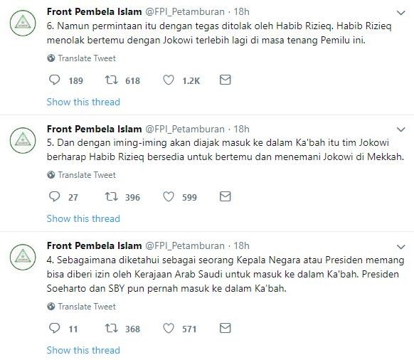 Kicauan akun @FPI_Petamburan soal penolakan Habib Rizieq bertemu Jokowi. [Twitter]