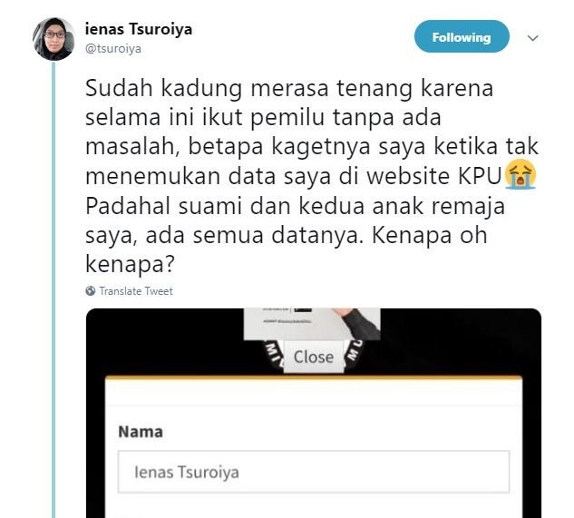 Kicauan Ienas Tsuroiya. [Twitter]