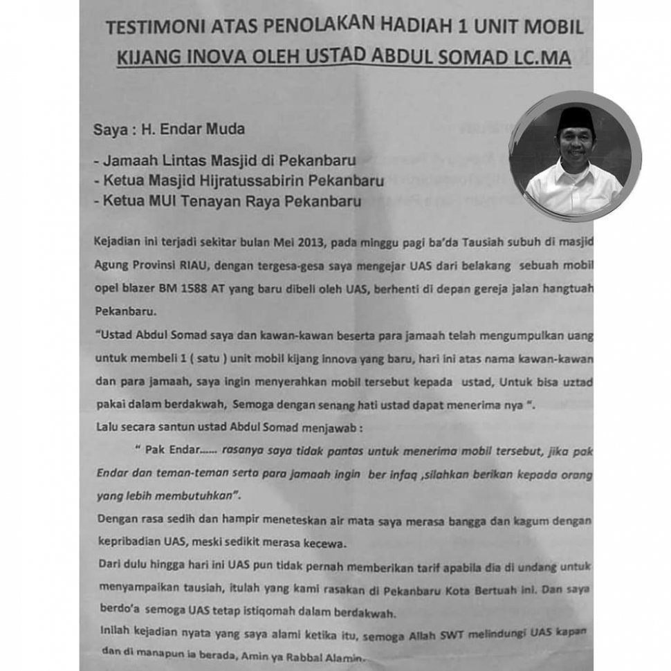 Testimoni Endar Muda yang diunggah Ustaz Abdul Somad. [Instagram]