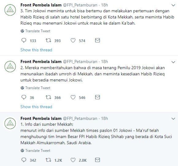 Kicauan akun @FPI_Petamburan soal penolakan Habib Rizieq bertemu Jokowi. [Twitter]