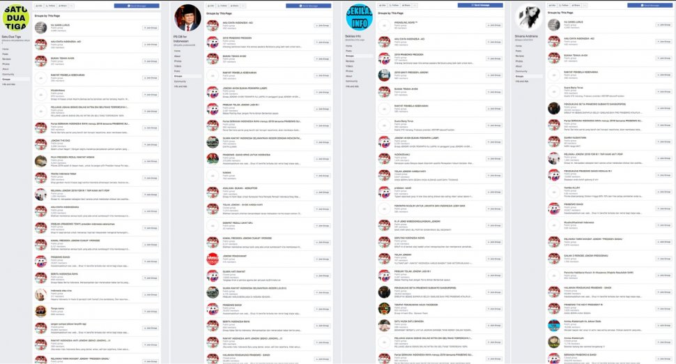 Laman dan grup-grup para pendukung Prabowo Subianto di Facebook. Laman serta grup-grup ini sudah dihapus oleh Facebook pada 11 April lalu. [Dok. Digital Forensic Research Lab]