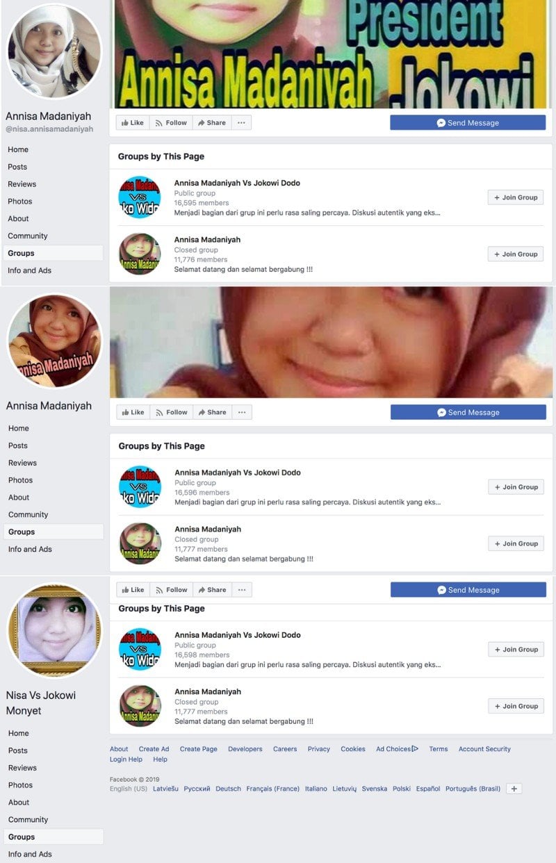 Laman Facebook Annisa Madaniyah dan Annisa Madaniyah vs Jokowi Dodo yang dihapus Facebook karena diduga berusaha menyesatkan pengguna lain serta sering menyebarkan hoaks. [Dok Digital Forensic Research Lab]