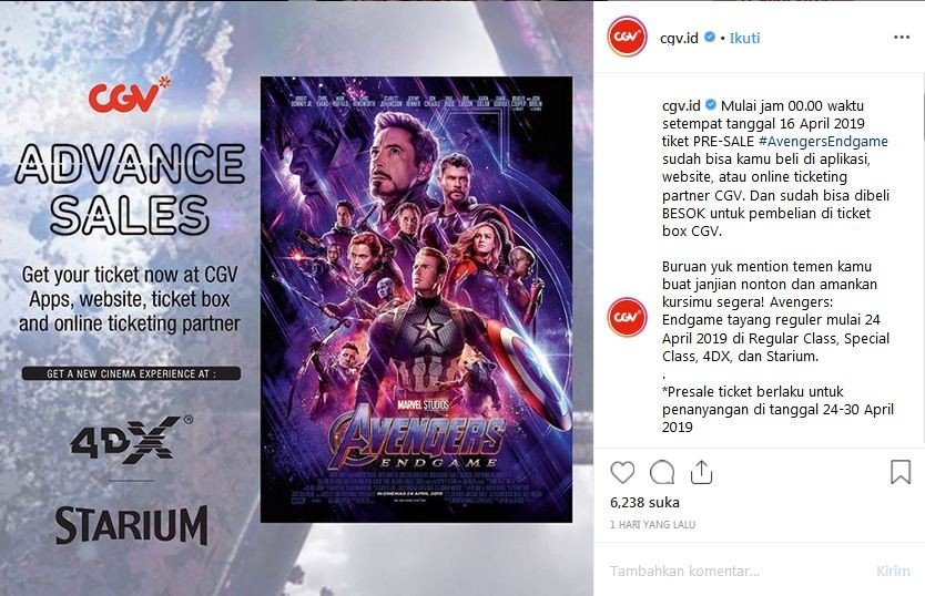 Perang penayangan film Avengers: Endgame di bioskop [Instagram]