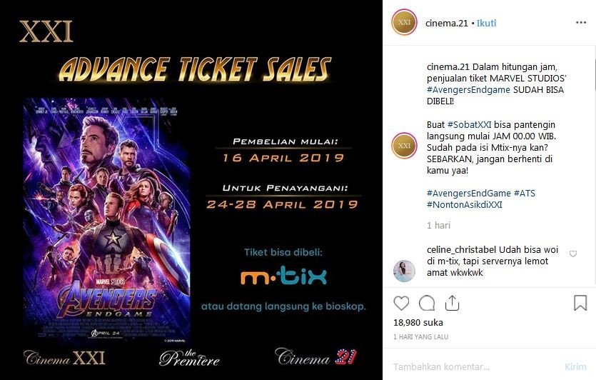 Perang penayangan film Avengers: Endgame di bioskop [Instagram]