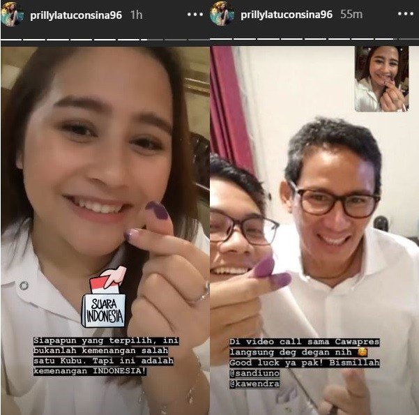 Prilly Latuconsina mendapat video call dari Sandiaga Uno setelah mencoblos. [instagram/prillylatuconsina96]