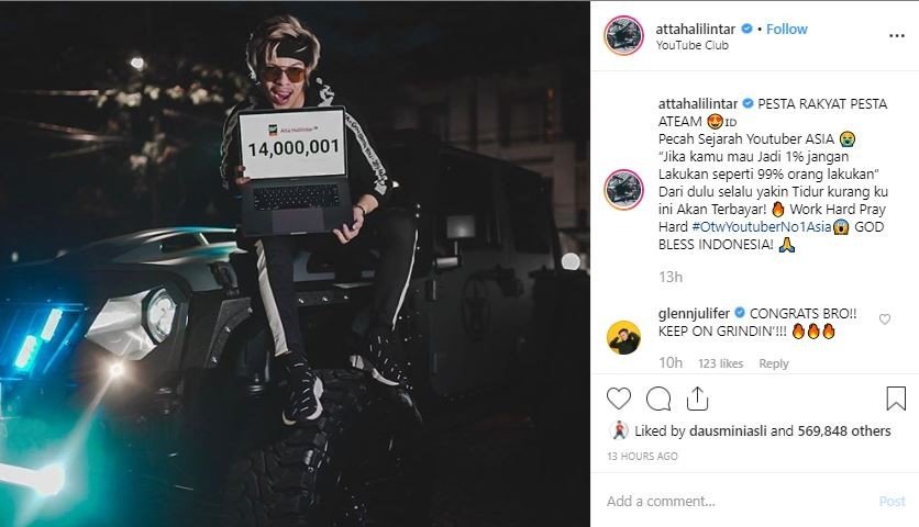 Atta Halilintar umumkan pencapaian 14 juta subscribers di YouTube channelnya. [instagram/attahalilintar]