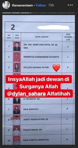 Ifan Seventeen mengunggah surat suara yang masih memajang foto mendiang Dylan Sahara. [instagram/ifanseventeen]