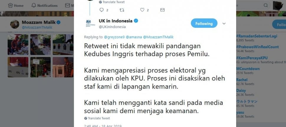 Penjelasan Kedubes Inggris di Twitter tentang cuitan terkait server KPU yang diretweetnya sebelumnya pada Kamis pagi (18/4/2019). [Twitter/@UKinIndonesia]