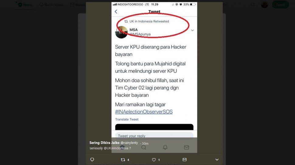 Cuitan yang di-retweet akun Twitter resmi Kedutaan Besar Inggris di Indonesia pada Kamis (18/4/2019) tentang serangan siber terhadap server KPU. [Twitter]