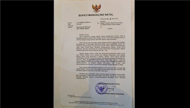 Heboh surat pengunduran Bupati Mandailing Natal karena gagal menangkan Jokowi. (istimewa)