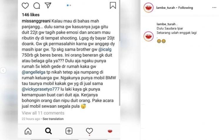 Akun Lily Anggreani blak-blakan soal utan Vicky Prasetyo. [Instagram]