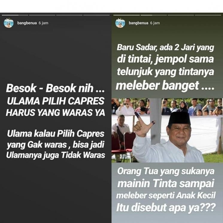 Suami Rey Utami, Pablo Benua dianggap menghina Prabowo di Instagram.