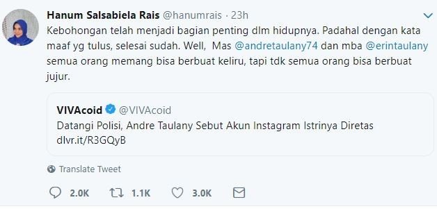 Hanum Rais bereaksi soal kasus dugaan penghinaan terhadap Calon Presiden Nomor Urut 02, Prabowo Subianto, oleh istri Andre Taulany, Erin Taulany. [twitter/hanumrais]