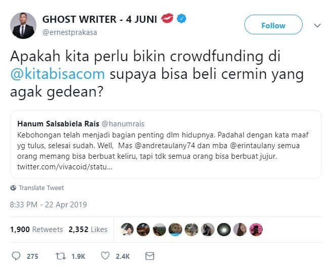 Ernest Prakasa mengomentari tanggapan Hanum Rais soal istri Andre Taulany. [twitter/ernestprakasa]