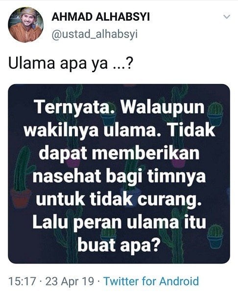 Kicauan akun Twitter Ustaz Al Habsyi. [Twitter]