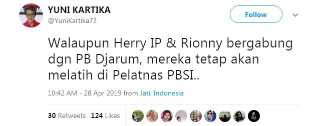 Postingan Humas PB Djarum, Yuni Kartika, terkait pengangkatan Herry IP dan Rionny Mainaky sebagai pelatih. [Twitter@YuniKartika]