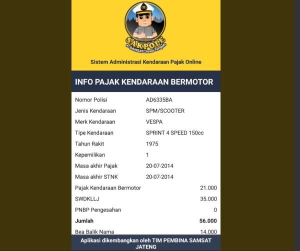 Pajak kendaraan Vespa milik Dahnil Anzar. [Twitter]