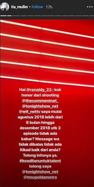 Tia Muller curhat soal pembayaran honor oleh salah satu stasiun televisi. [instagram/tia_muller]