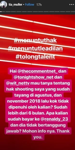 Tia Muller curhat soal pembayaran honor oleh salah satu stasiun televisi. [instagram/tia_muller]