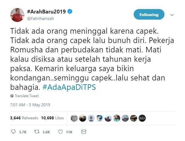 Kicauan Fahri Hamzah. [Twitter]