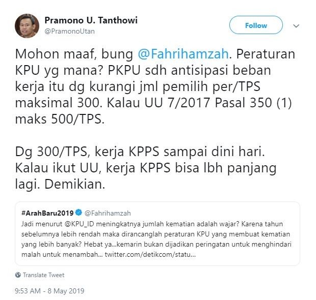 Kicauan Pramono U Tanthowi untuk Fahri Hamzah. [Twitter]