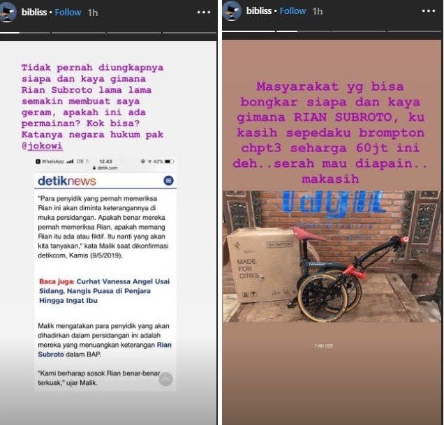 Mantan kekasih Vanessa Angel membuat sayembara untuk mencari sosok Rian Subroto. [instagram/bibliss]