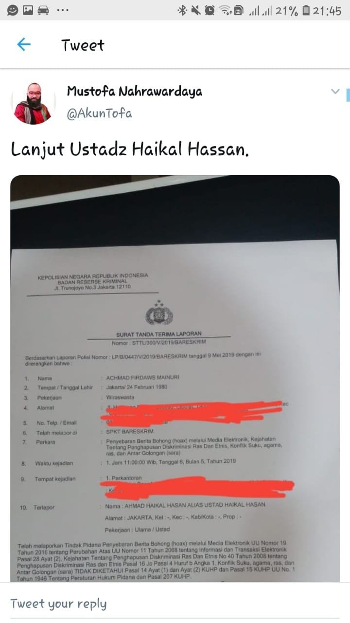 Laporan ke Bareskrim Polri atas Haikal Hassan teregister dalam surat bernomor LP/B/0447/V/2019/Bareskrim tertanggal 9 Mei 2019. [Twitter/@akuntofa]