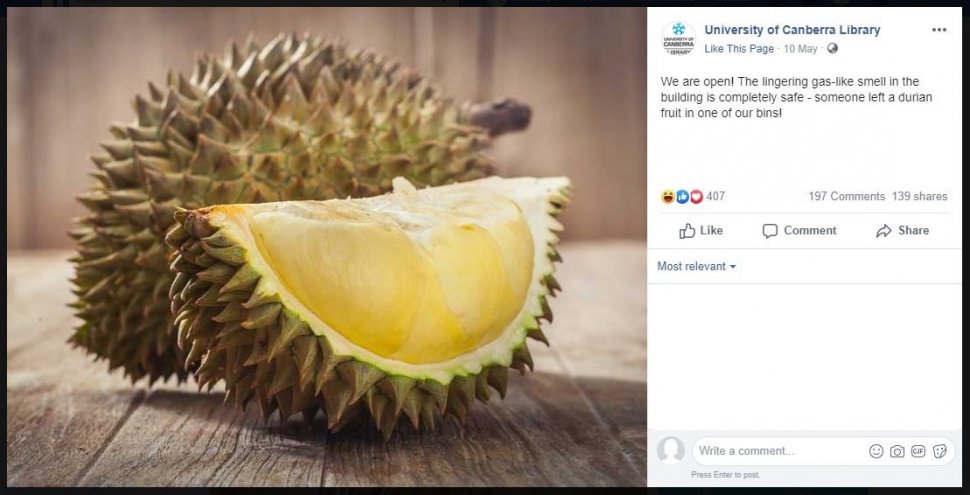 Durian ditinggal dalam perpustakaan (facebook.com/ucanlibrary)