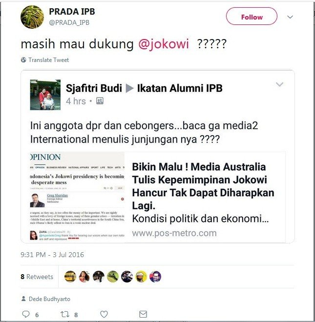 Tangkapan layar cuitan pertama di akun @PRADA_IPB terkait Jokowi. [Twitter/capture]