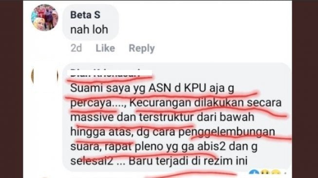 Pengakuan diduga istri KPU soal kecurangan selama Pilpres 2019 (Twitter)