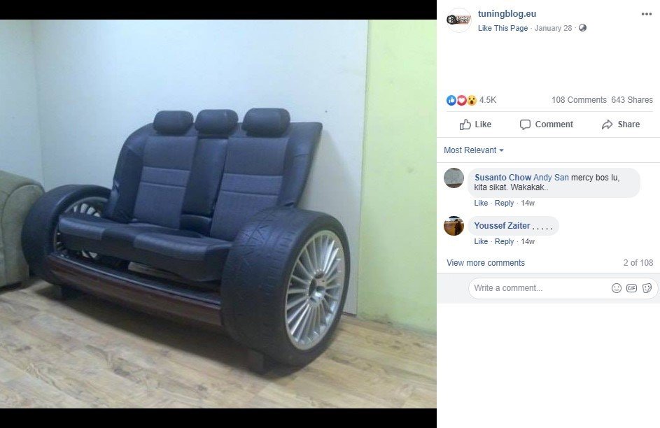 Sofa dari Jok lengkap dengan Roda Mobil. (Facebook/tuninglog.eu)