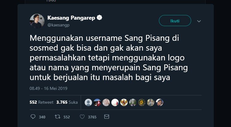 Nama 'Sang Pisang' Dijiplak, Kaesang Pangarep Tak Terima. (twitter.com/kaesangp)