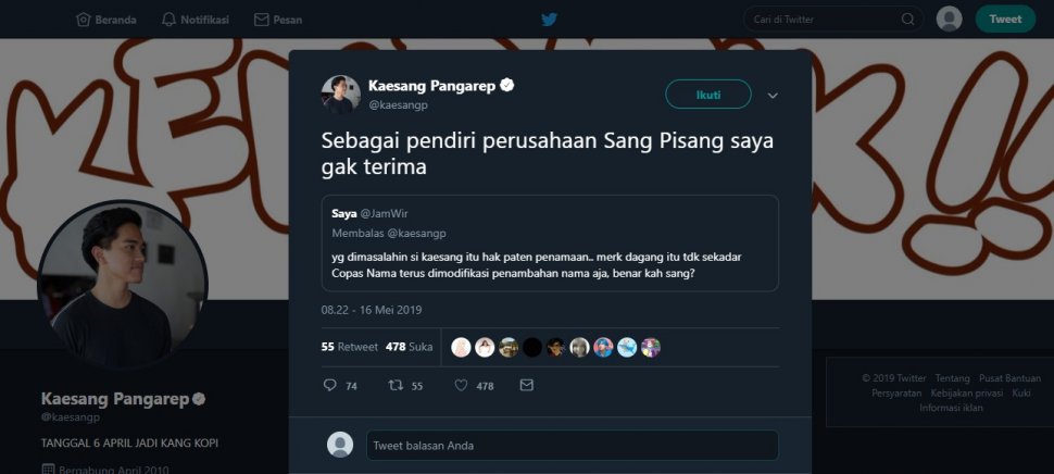 Nama 'Sang Pisang' Dijiplak, Kaesang Pangarep Tak Terima. (twitter.com/kaesangp)