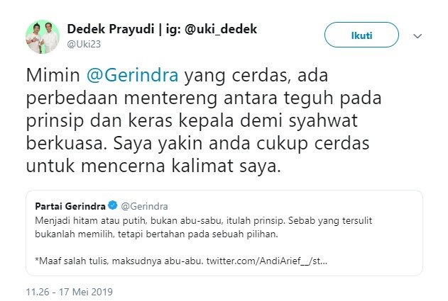 PSI berikan pembelaan terhadap Andi Arief yang disindir oleh Partai Gerindra (Twitter)