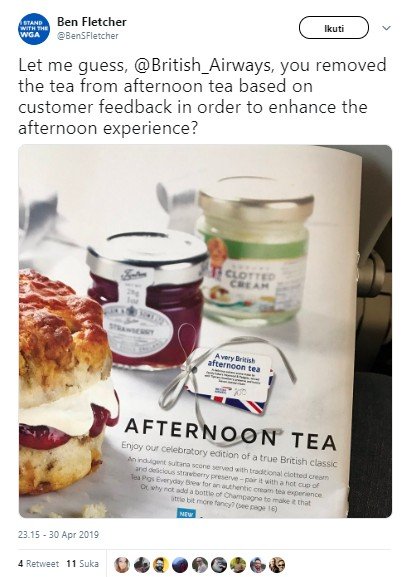 Hadirkan menu afternoon tea tanpa teh, maskapai penerbangan ini diprotes. (Twitter/@BenSFlecker)