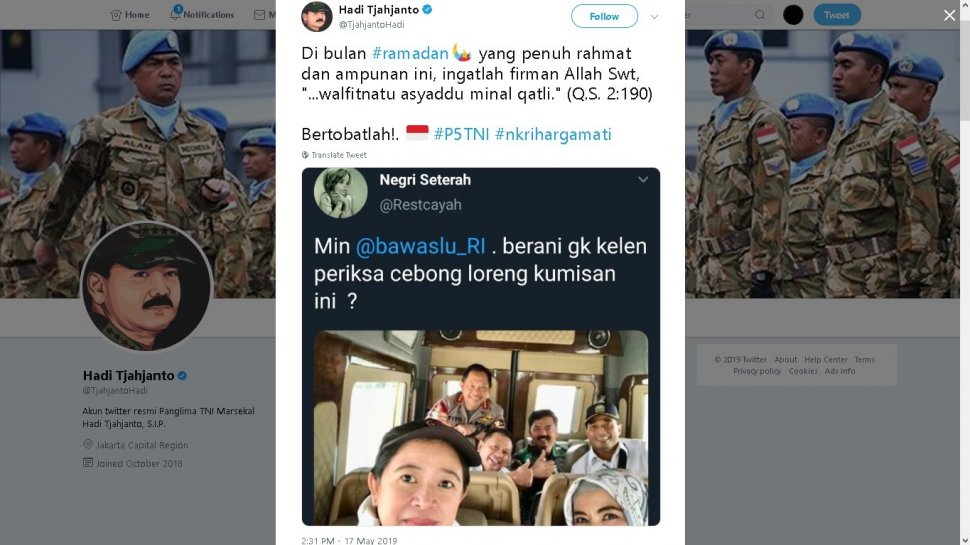 Cuitan Panglima TNI Marsekal Hadi Tjahjanto - (Twitter/@TjahjantoHadi)