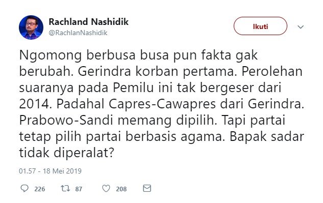 Cuitan Wasekjen Partai Demokrat Rachlan Nashidik (Twitter)