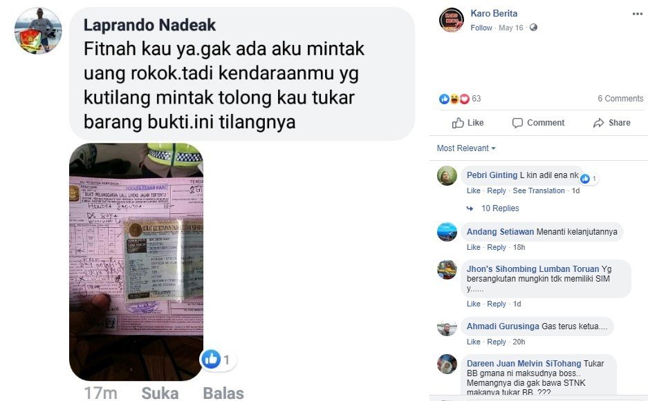 Malu, Pemotor Curhat di Medsos Usai Kena Tilang malah Dikomentari Polisi. (Facebook/Karo Berita)