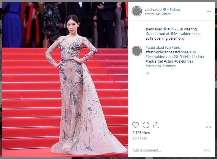 Shi Yanfei di atas karpet merah Cannes Fil Festival 2019. (Instagram/@ziadnakad)