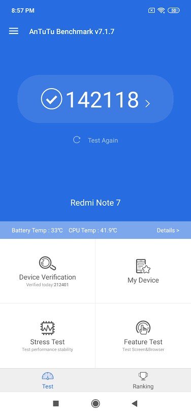 Skor hasil uji benchmark menggunakan aplikasi Antutu pada Redmi Note 7, ponsel yang diklaim memiliki kamera utama 48 MP. [Suara.com/Tivan Rahmat]