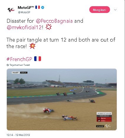 Insiden kecelakaan Maverick Vinales dan Francesco Bagnaia. (Twitter/@Motogp)