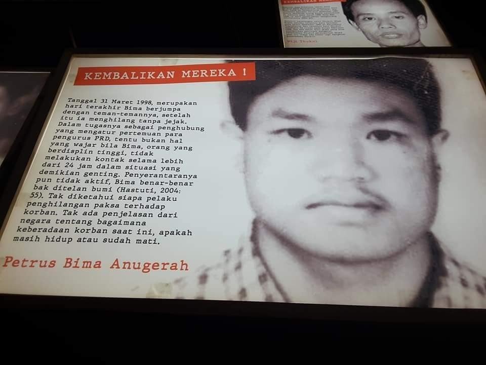 Petrus Bima Anugrah, hilang pada 1 April 1998. Ia terakhir terlihat di Grogol, Jakarta Barat.