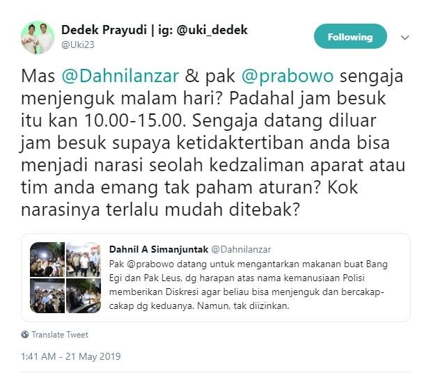 Cuitan Dedek Prayudi. [Twitter]