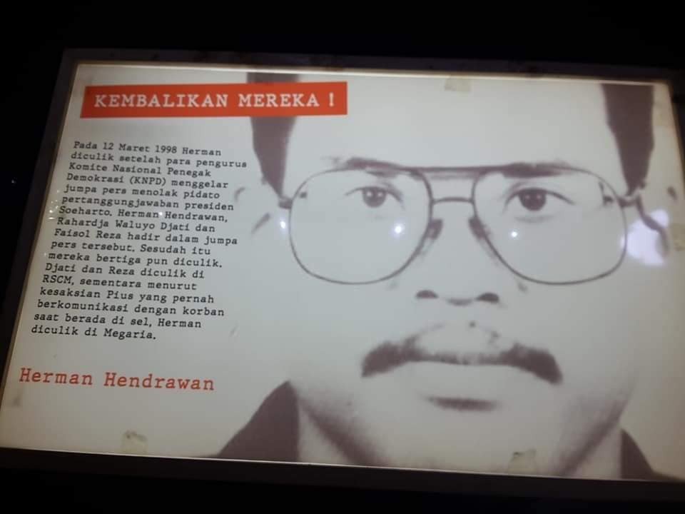 Herman Hendrawan, hilang pada 12 Maret 1998. Ia terakhir terlihat di gedung Yayasan Lembaga Bantuan Hukum Indonesia (YLBHI).