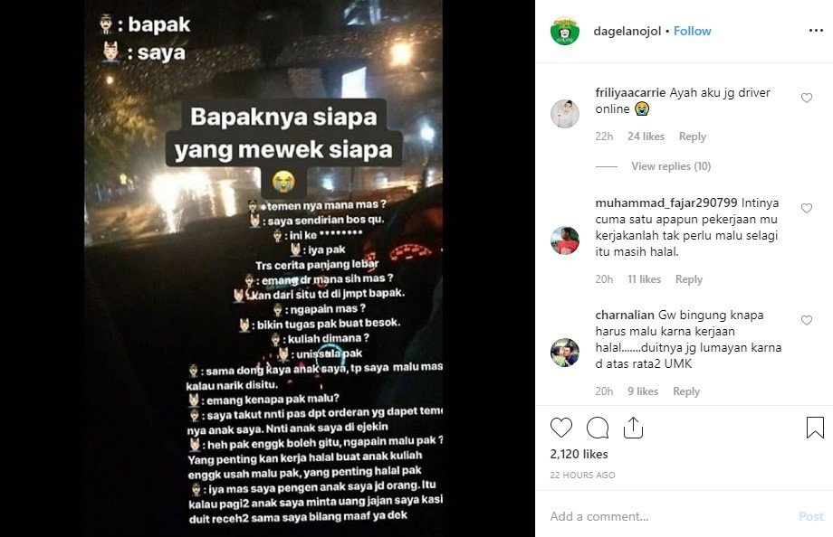 Curhat Pengemudi Taksol yang Tak Ingin Anaknya Malu Ini Bikin Haru. (Instagram/dagelanojol)