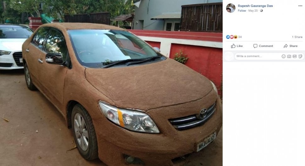 Aneh, Pemobil Lumuri Kotoran Sapi ke Mobilnya Supaya Tidak Kepanasan. (Facebook/Rupesh Gauranga Das)